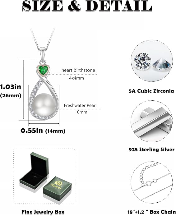 Heart Birthstone Pearl Pendant Necklace, 925 Sterling Silver Infinity Necklace with 10mm Freshwater Cultured Pearl & 4mm Gemstone Jewelry for Women