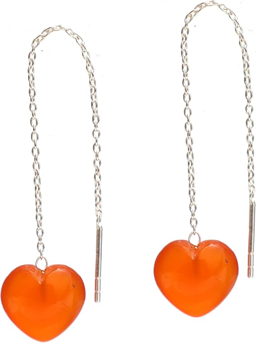 Gemstone Heart Shaped Threader Earrings in 925 Sterling Silver, Pull Through Adjustable, Versatile & Trendy, Perfect Valentine's Gift for Women, Choice of Gemstone Available