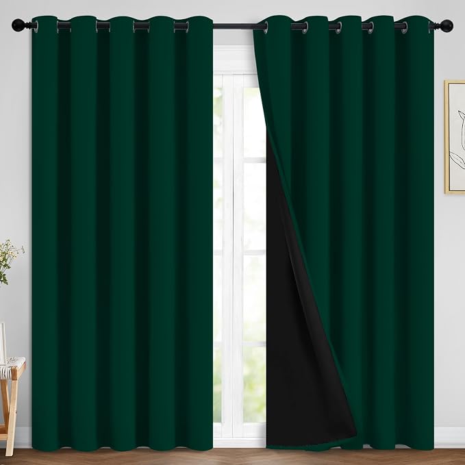 Yakamok Dark Green 100% Blackout Curtains 84 Inches Long 70" Wide 2 Panels | Blackout Curtain Panels for Bedroom, 2 Thick Layers Grommet Top Thermal Insulated Drapes with Black Liner for Living Room