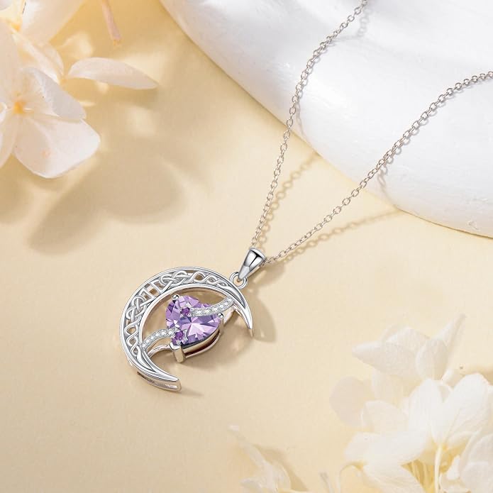 TOUPOP Moon and Star Birthstone Necklace for Women 925 Sterling Silver Celtic Moon Jewelry Birthday Mothers Day Gifts for Mom Wife Her