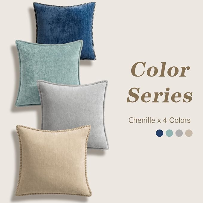 decorUhome Fall Soft Decorative Chenille Throw Pillow Covers 20x20 Set of 4 | Beige Blue Cozy Decorative Modern Farmhouse Neutral Pillow Cases with Stitched Edge for Couch Sofa Bed Living Room Home Decor