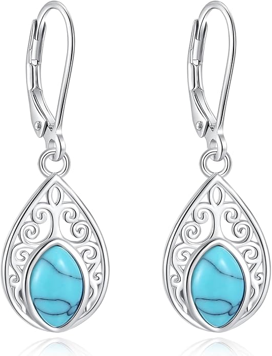 Vito 925 Sterling Silver Teardrop Earrings for Women, Moonstone Turquoise Drop Dangle Earrings Cat Snake Turtle Tree of Life Leverback Earrings Boho Jewelry Gift for Mom Wife