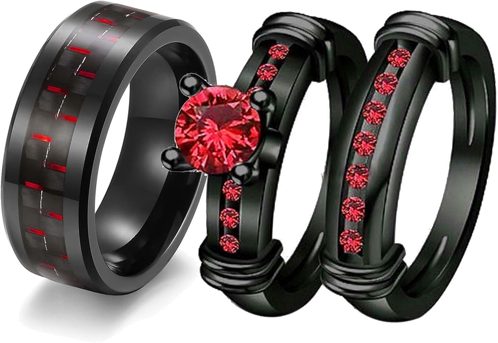 3pcs Matching Rings His and Hers Ring Couple Rings Pruple Cz Womens Wedding Ring Sets Wedding Bands