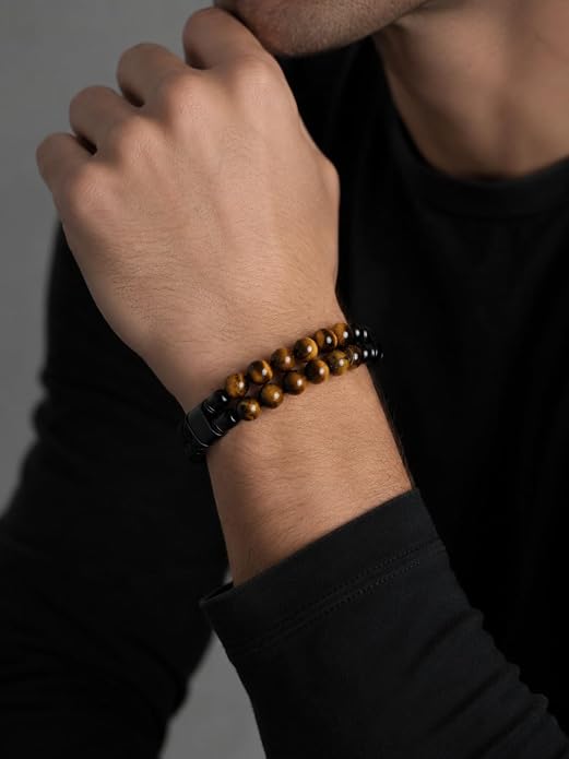 Black Braided Leather Bracelet for Men with Turquoise, Lapis Lazuli, Tiger Eye, Obsidian Stone Double-Row Wristband Beads with Stainless Steel Clasp Fashion Jewelry Gift for Him