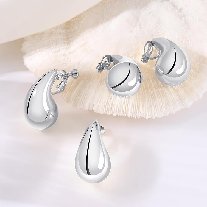 Gold Drop Clip On Earrings Dupes Teardrop Chunky Non Pierced Earring 14K Real Gold Plated Hypoallergenic Lightweight Earrings for Women（Gold and Silver）