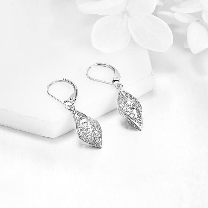 925 Sterling Silver Leverback Earrings Vintage Filigree Dangle Drop Earrings Jewelry Birthday Gifts for Women