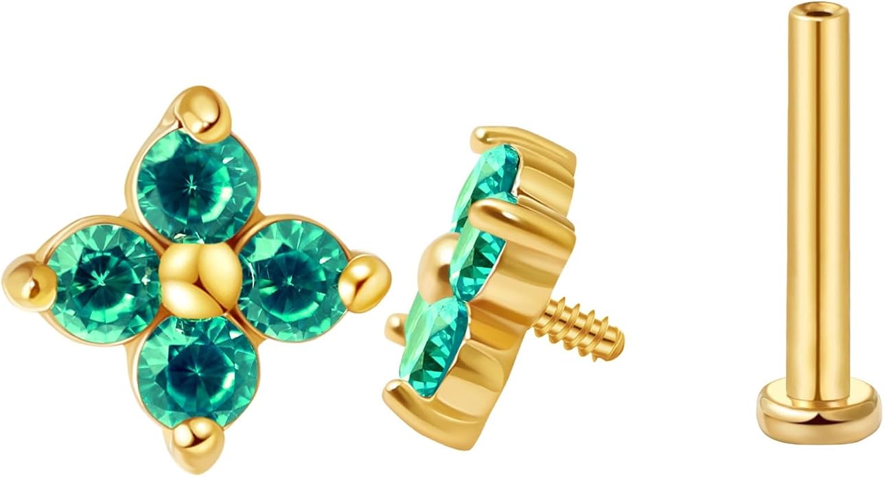 FANSING CZ Flower Internally Threaded Flat Back Earring Labret Stud for Cartilage Tragus Helix Conch