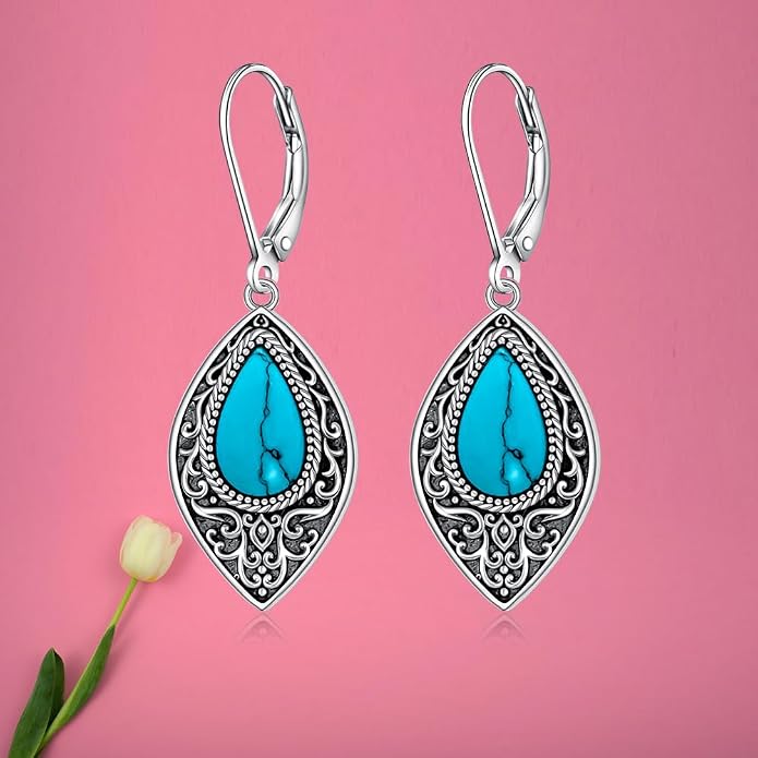 Turquoise Earrings for Women Sterling Silver Dangle Earrings Filigree Jewelry Drop Leverback Mothers Day Gift