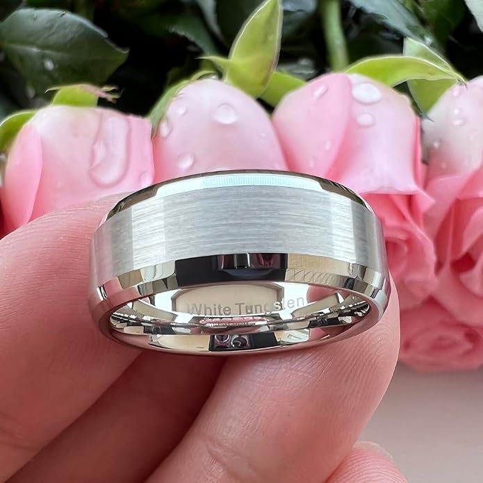TUTISS 6mm 8mm White Tungsten Rings for Men Women Couple Fashion Jewelry Engagement Wedding Bands Matte Finish Beveled Edges Comfort Fit