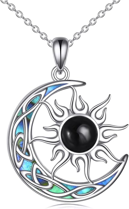 Sun and Moon Necklace for Women 925 Sterling Silver Celtic Crescent Moon Pendant Blue Opal/White Opal/Abelone Shell/Labradorite/Moonstone Jewelry Gift for Teen Girls