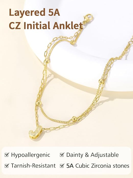 FindChic Silver/14K Gold Plated Layered CZ Initial Ankle Bracelet for Women | Waterproof Stainless Steel, Cubic Zirconia Letter Charm, Non-Tarnish, Hypoallergenic, Adjustable Extender, Summer Jewelry