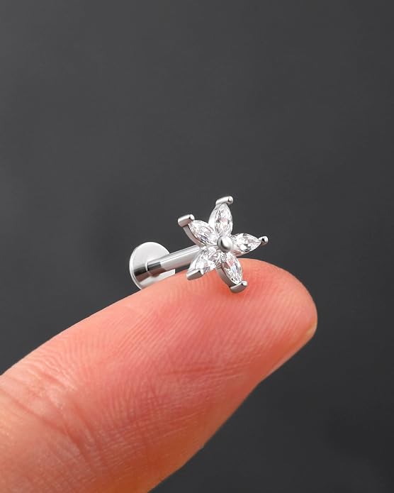 Jewseen 925 Sterling Silver Flat Back Stud Earrings 16g Internally Threaded Tragus Helix Earrings Flower Lip Stud Nose Piercing Jewelry for Women Men