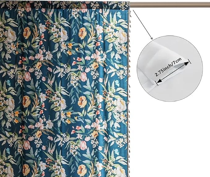 Boho Floral Curtains French Country Farmhouse Curtains 54 Inches Long Light Filtering Window Rod Pocket Drapes for Living Room 2 Panels-Navy Blue Floral