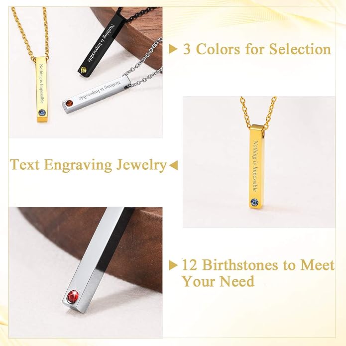 Custom4U Personalized Birthstone Bar Necklaces for Women, Custom Handmade Silver/Black/Gold Vertical Bar Pendants with 1-3 Names Engraved,Unique Memorial Necklace for Her