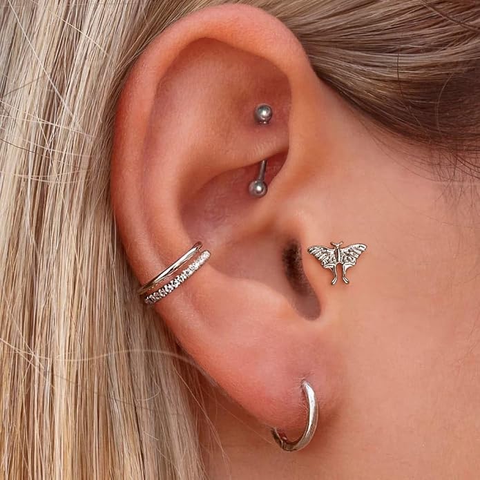 Casvort 3 PCS ASTM F136 Titanium 16G/18G Moth Bird Snail Flower Heart Spiral Threadless Flatback Piercing Stud for Nose, Labret, Tragus, Helix, Conch with 6mm 7mm and 8mm Post- Cartilage Earring Body Piercing Jewelry