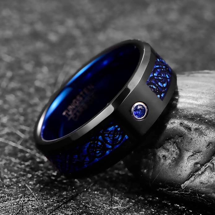 TUNGSTORY 8mm Black Celtic Dragon Tungsten Carbide Wedding Ring with Green Carbon Fiber and CZ Inlay Polished Finish Beveled Edge Size 6-16