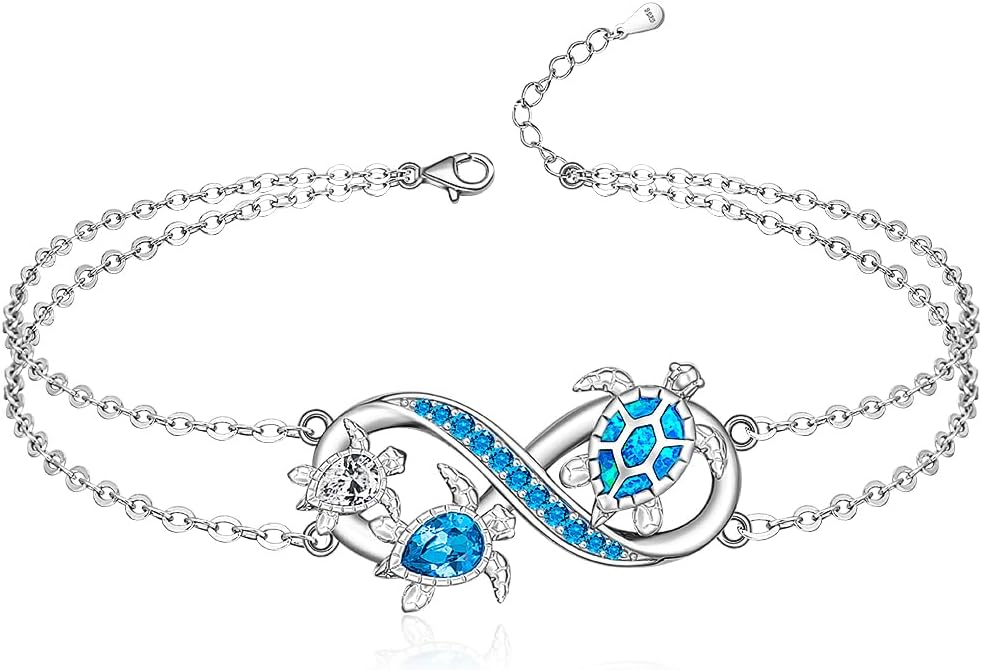Fenthring Turtle Anklets for Women Turtle Ankle Bracelet Blue Opal Sea Sterling Silver Infinity Wave Ocean Beach Summer Jewelry Mothers Day