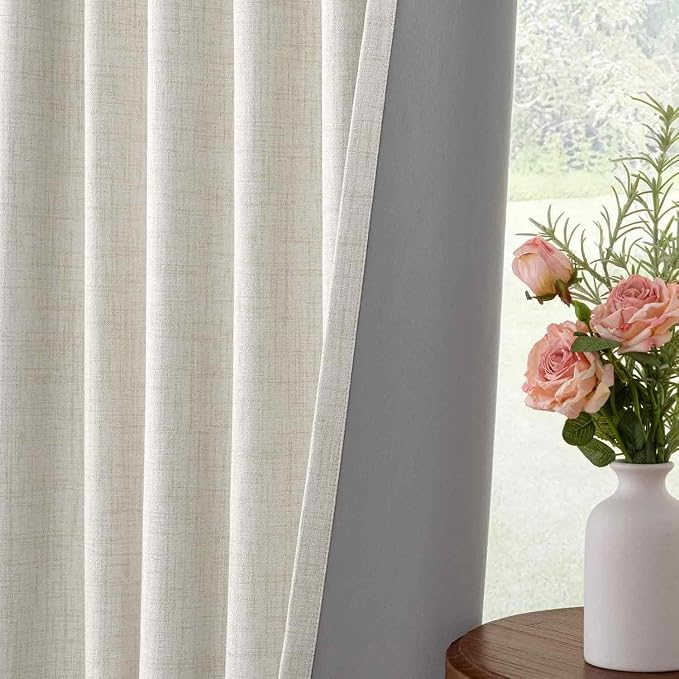 INOVADAY 100% Blackout Curtains 90 Inches Length 2 Panels Set, Back Tab/Rod Pocket Linen Black Out Curtains for Bedroom, Thermal Insulated Window Drapes - Beige, W50 X L90