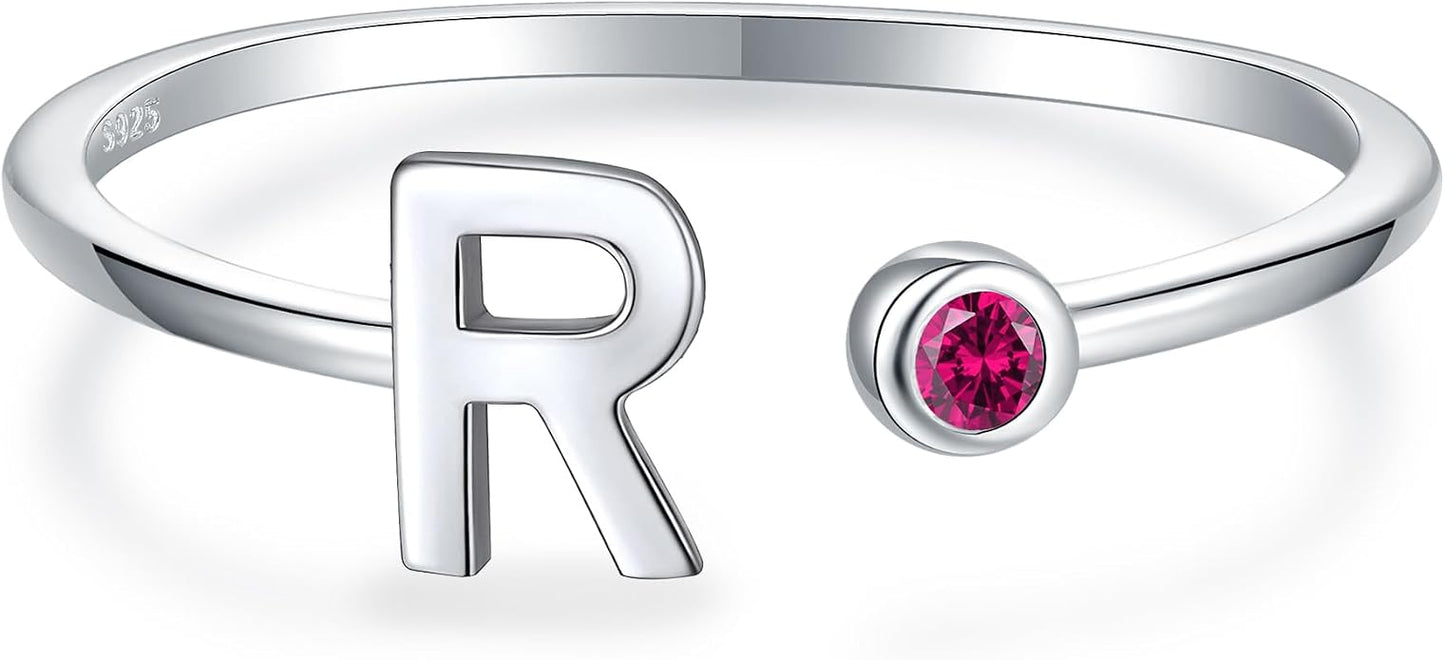 925 Sterling Silver Initial Letter Birthstone Rings for Women Adjustable 1-12 Month Birthstone Alphabet Stacking Ring for Teens Girls Stackable Birthstone Rings Birthday Jewelry Gift for Daughter Mom