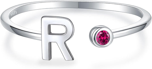 925 Sterling Silver Initial Letter Birthstone Rings for Women Adjustable 1-12 Month Birthstone Alphabet Stacking Ring for Teens Girls Stackable Birthstone Rings Birthday Jewelry Gift for Daughter Mom