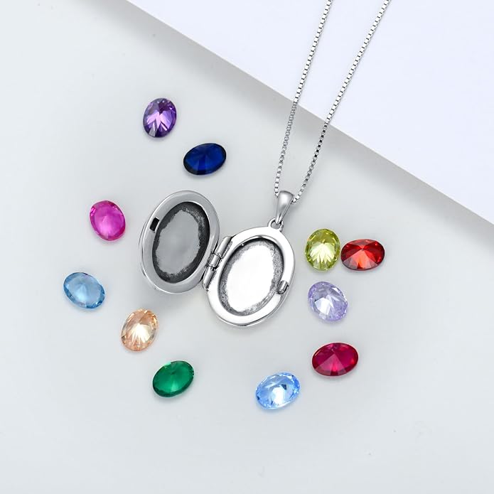 Round/Heart/Oval Shape Locket Necklace That Holds Pictures 925 Sterling Silver Personalized Birthstone Photos Engraved Locket Pendant Birthday Memorial Jewelry Gift for Women