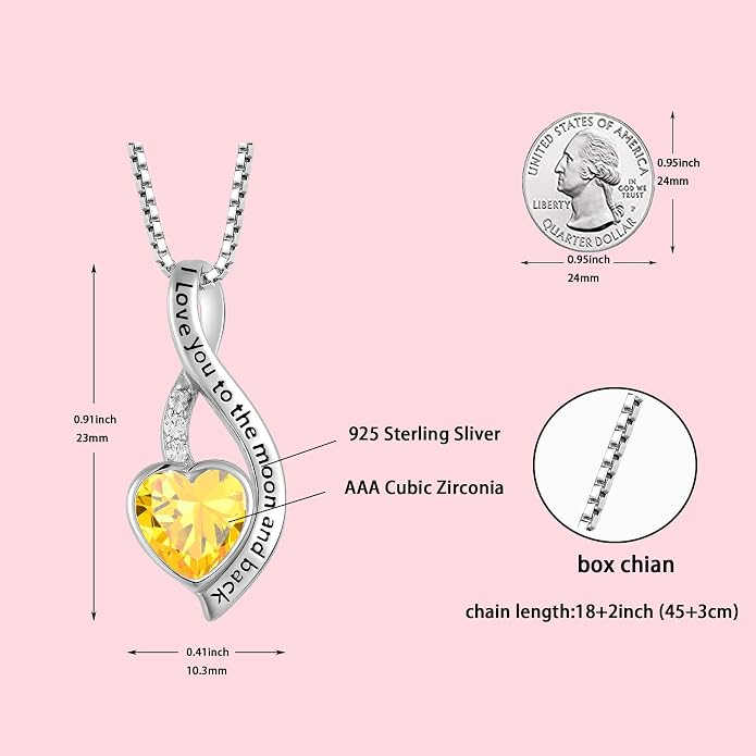 I Love You to The Moon and Back Necklace for Women, 925 Sterling Silver Heart Birthstone Pendant Necklace Jewelry Anniversary Birthday Gifts for Girls Women Wife Mom Daughter