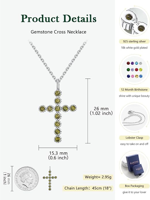 Sterling Silver Cross Necklace for Women Birthstone Religious Jewelry