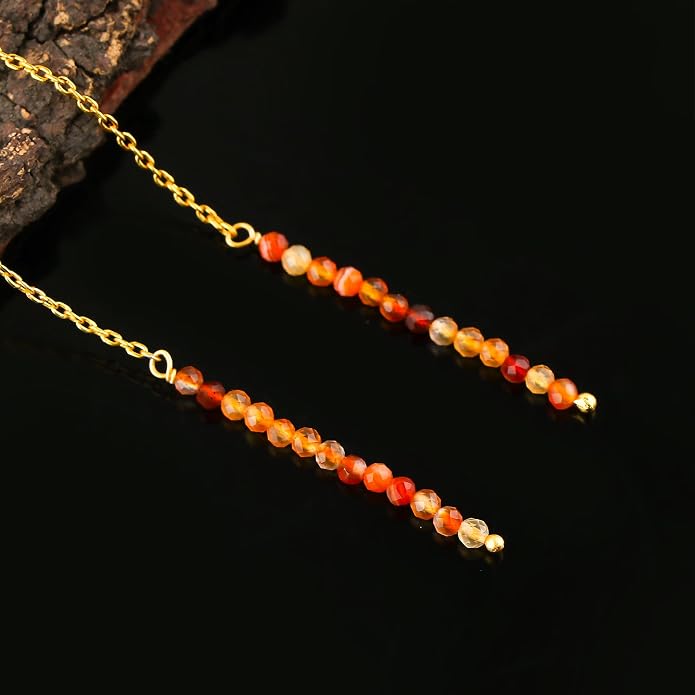 Natural Gemstone Threader Earrings for Women - Dainty 2mm Faceted Beads - Birthstone Crystal Drop Earrings - Silver Plated Healing Jewelry