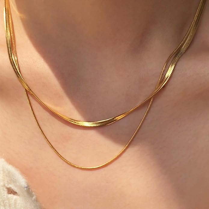 18K Gold Plated Herringbone Necklace Set for Women - Set of 2 (16"+18"),Layered Flat Snake Chain Choker-18K Gold & White Gold Tone -Tarnish Resistant Jewelry Gifts for Women/Girl