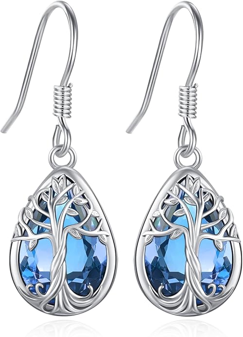 Eusense Sterling Silver Dangle Earrings for Women Tree of Life Animals Moonstone Turquoise Leverback Earrings Jewelry Gifts