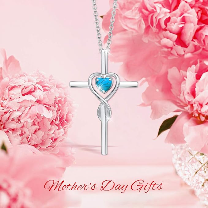 FANCIME Birthstone Cross Necklace for Women Birthstone Necklace Heart Infinity Cross Pendant Necklace Fine Jewelry Christmas Birthday Holiday Gifts for Her, 16"+2" Inches