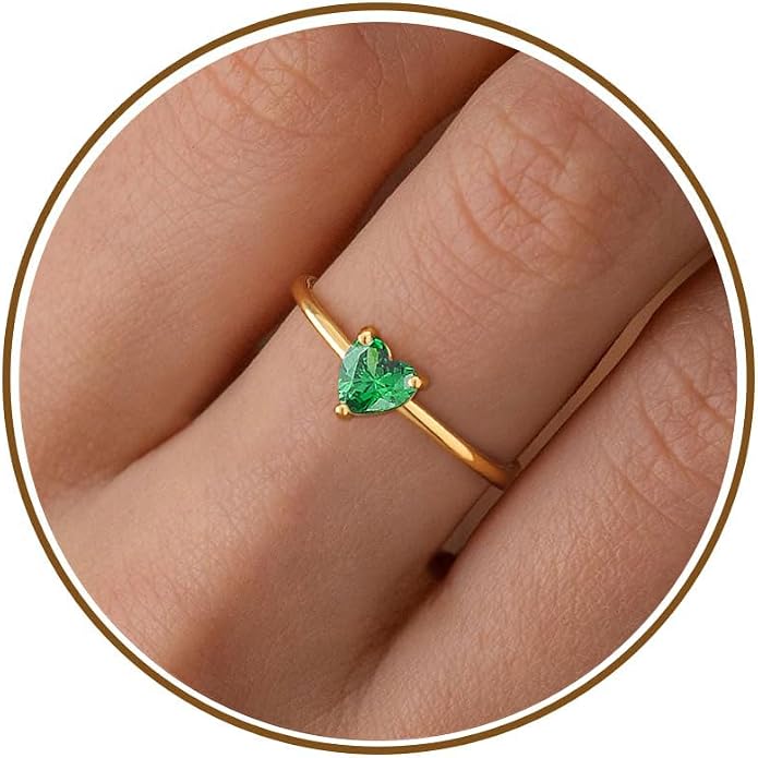 WFYOU Gold Heart Birthstone Rings for Women 14K Gold Plated Non Tarnish Stackable Pinky Cubic Zirconia Rings Emerald Dainty Gemstone Thumb Ring Band Cute Jewelry Birthday Gift Size 5-10