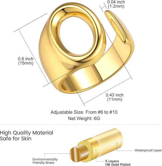 KeyStyle Bold Initial Letter Rings Adjustable, GoldChic Jewelry Women Gold Statement Ring Personalized Engraved Women’s Open Signet Ring for Party (Gold, White Gold, Black)