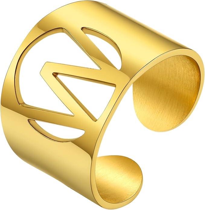 KeyStyle Bold Initial Letter Rings Adjustable, GoldChic Jewelry Women Gold Statement Ring Personalized Engraved Women’s Open Signet Ring for Party (Gold, White Gold, Black)