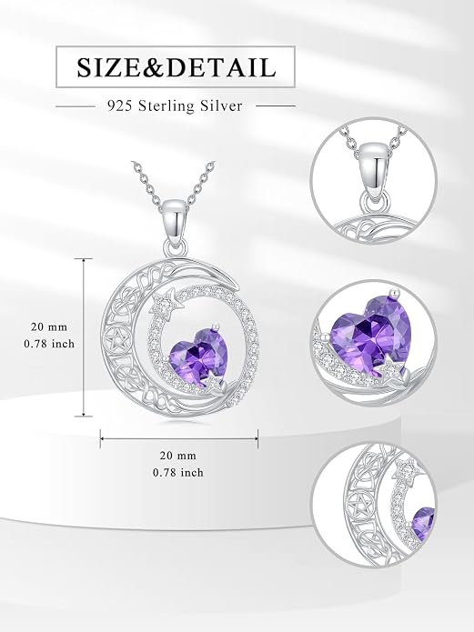 Dorunmo Heart Birthstone Necklace for Women 925 Sterling Silver Moon and Star Pendant Birthday Jewelry Gifts for Wife Her Daughter Mom