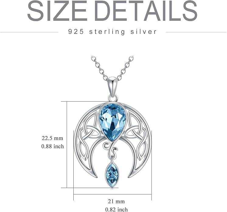 AOBOCO Sterling Silver Celtic Crescent Moon Goddess Pendant Irish Good Luck Necklace with Birthstone Crystal, Celtic Moon Jewelry Gift for Women Mom Wife