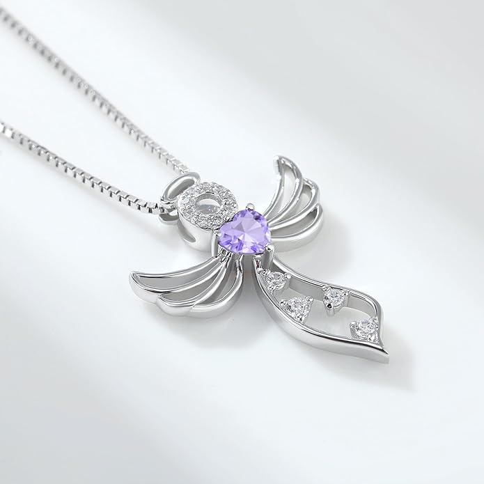 925 Sterling Silver Guardian Angel Pendant Necklace for Women - Birthstone Cubic Zirconia, 18" Chain, Gift for Her