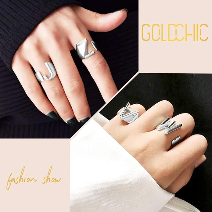 KeyStyle Bold Initial Letter Rings Adjustable, GoldChic Jewelry Women Gold Statement Ring Personalized Engraved Women’s Open Signet Ring for Party (Gold, White Gold, Black)