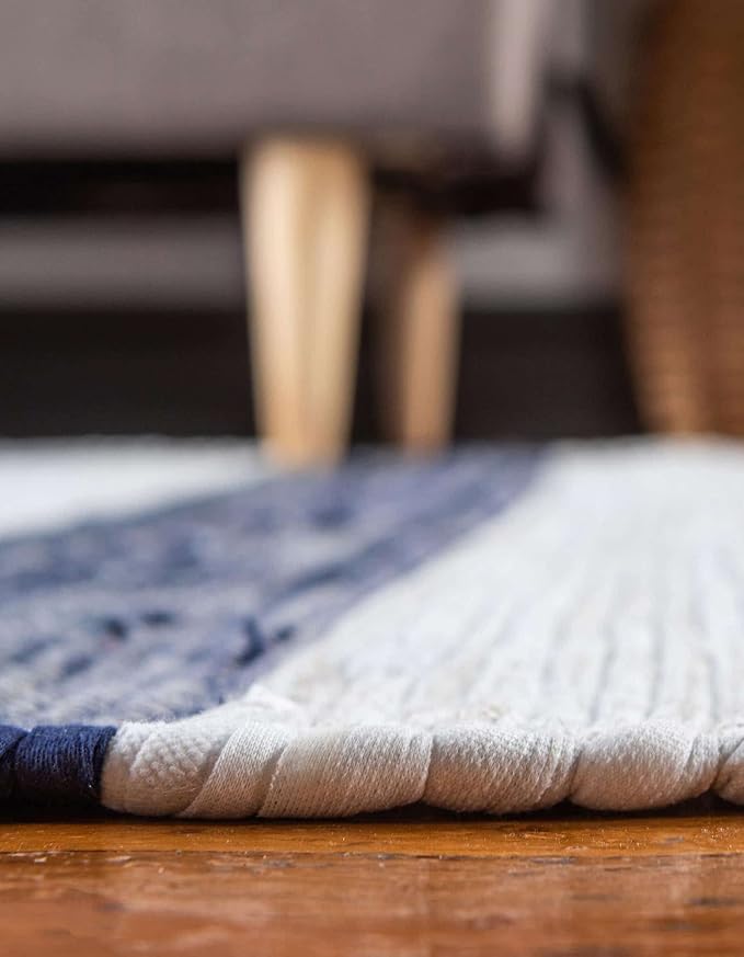Unique Loom Chindi Rag Collection Area Rug - Striped (7' 10" Square, Navy Blue/ Ivory)