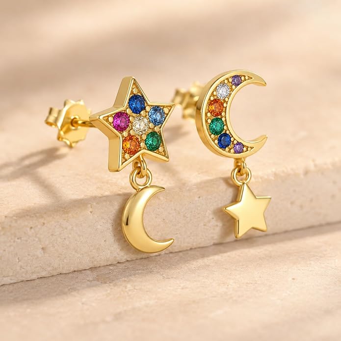 Blacklily 925 Sterling Silver Star Moon Earrings for Women, Gold Plated Asymmetrical Celestial Dangle Stud Earrings with Colorful Cubic Zirconia, Hypoallergenic Cute Jewelry Gifts