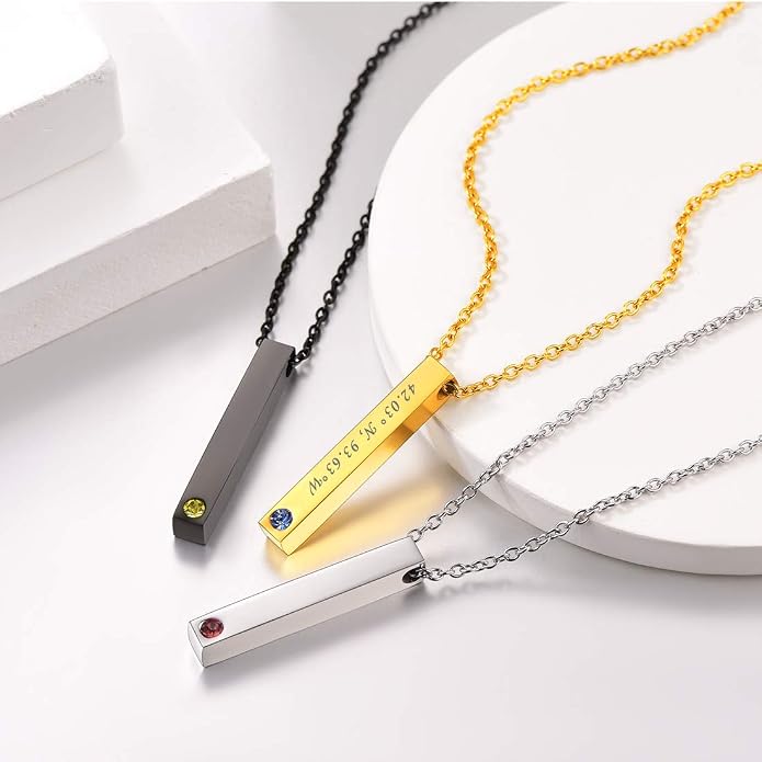 U7 Engravable Bar Necklace, Womens Choker Necklace Stainless Steel Custom Engrave Text Horizontal/Vertical Bar Pendant Necklaces for Men Women