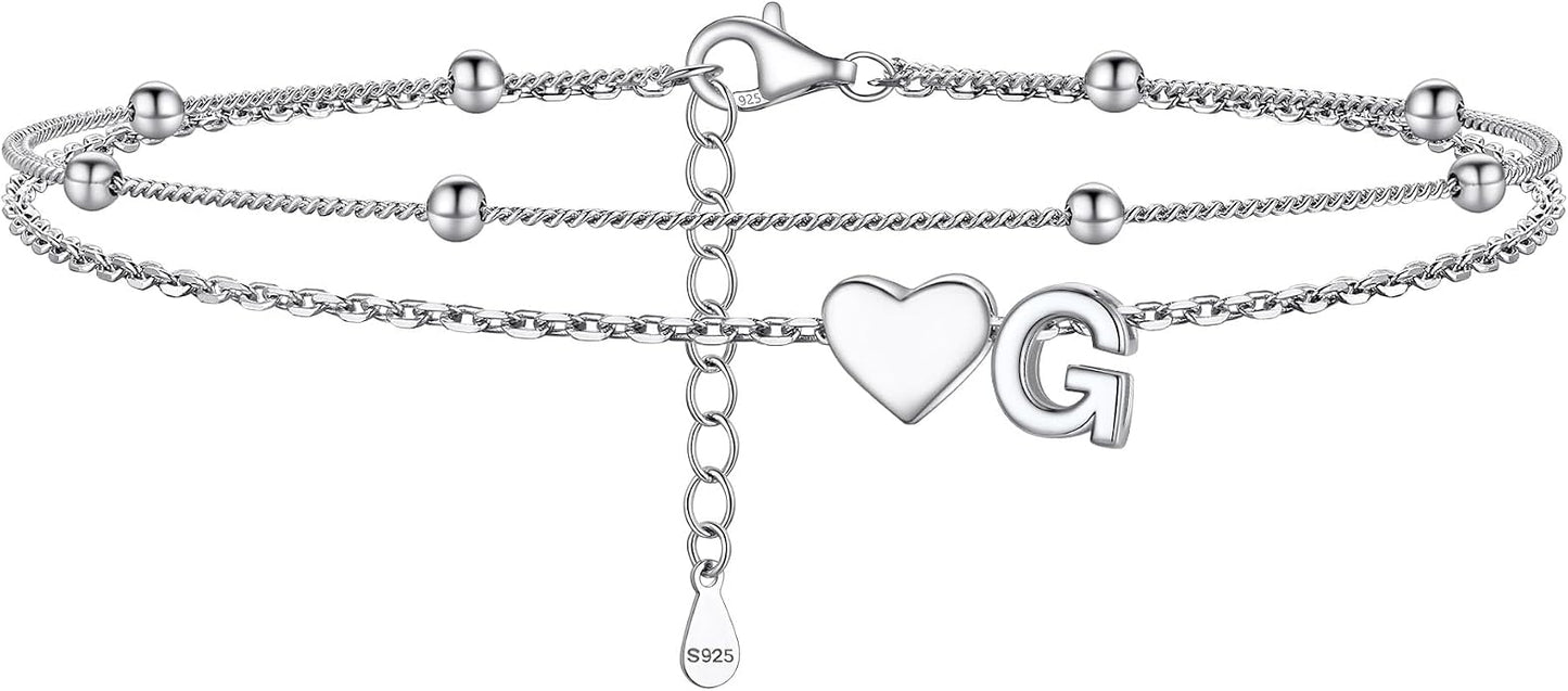 PROSILVER Ankle Bracelets for Women S925 Sterling Silver Anklets for Women Waterproof, Dainty Layered Heart Anklet, Beach Initial Anklet for Summer, Letter A-Z
