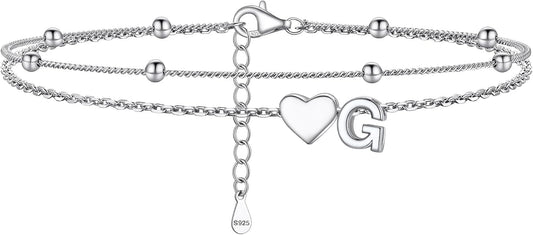 PROSILVER Ankle Bracelets for Women S925 Sterling Silver Anklets for Women Waterproof, Dainty Layered Heart Anklet, Beach Initial Anklet for Summer, Letter A-Z