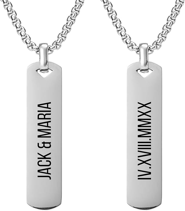Fathers Day Personalized Vertical Bar Pendant Necklace - Custom Name Text Necklace Customized Stainless Steel Memorial Necklace Dad Gifts for Men