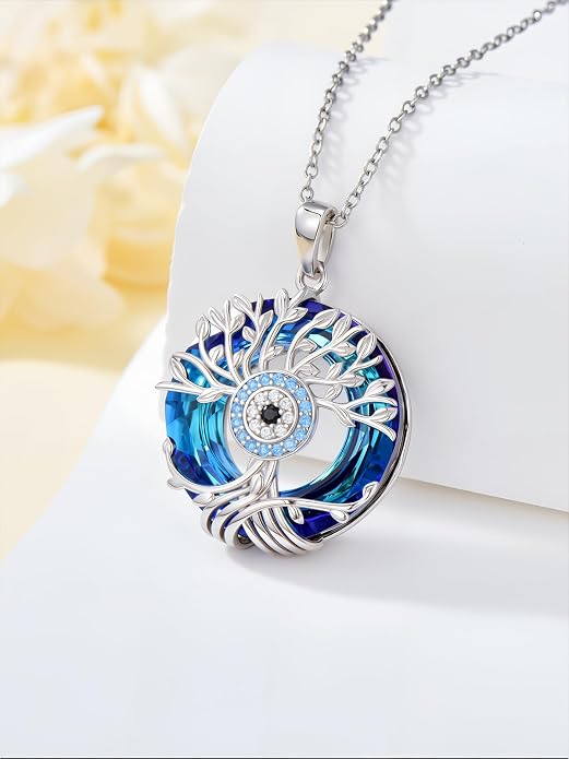 TOUPOP Evil Eye Necklace 925 Sterling Silver Tree of Life/Turquoise Evil Eye Crystal Pendant Necklace Protection Jewelry Amulet Christmas Gifts for Women Her