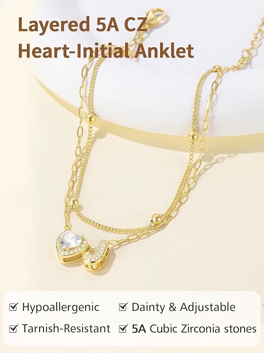 FindChic Silver/14K Gold Plated Layered CZ Initial Ankle Bracelet for Women | Waterproof Stainless Steel, Cubic Zirconia Letter Charm, Non-Tarnish, Hypoallergenic, Adjustable Extender, Summer Jewelry