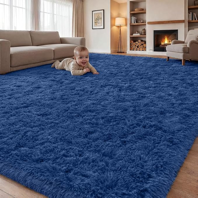 Area Rugs 9x12 Living Room Bedroom: Soft Fluffy Shag Rugs Upgrade Non-Slip High Pile Carpet Large Fuzzy Plush Indoor Floor Shaggy Carpets for Nursery Kid Playroom Office Dorms Home Decor Blue