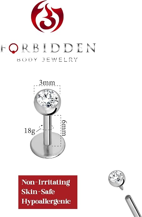 Forbidden Body Jewelry 16G-18G Internally Threaded Solid Titanium Tragus/Helix Earring/Labret Stud with CZ Ball Top