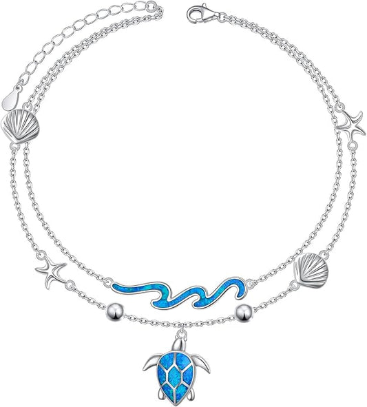 Ladytree S925 Sterling Silver Boho Beach Double Layer Anklets Bracelet for Women Adjustable 9 to 11 inches