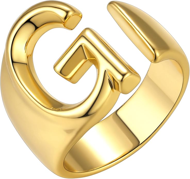 KeyStyle Bold Initial Letter Rings Adjustable, GoldChic Jewelry Women Gold Statement Ring Personalized Engraved Women’s Open Signet Ring for Party (Gold, White Gold, Black)
